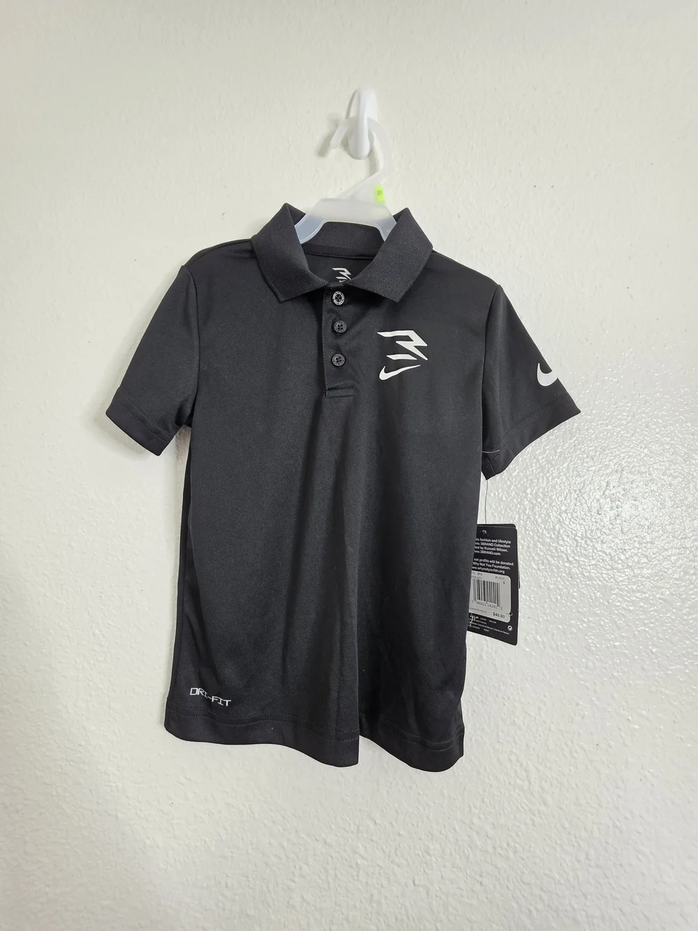 Nike 3 BRAND Russell Wilson Boys Black Dri-FIT Short Sleeve Polo Shirt 5 NWT